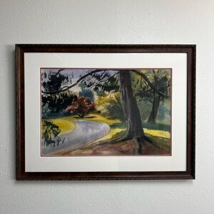 Original Watercolor Painting Landscape Framed Unknown Road Tree Curve 22x15”